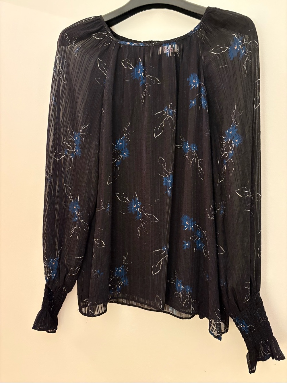 Parker Women's Black Floral Long-Sleeve Peasant Blouse - With Blue Floral